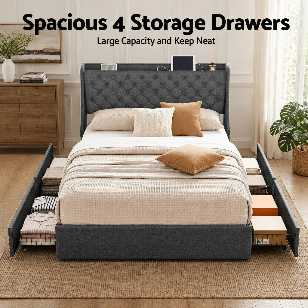 Queen Bed Frame with 4 Storage Drawers Tufted Wingback Headboard Charging