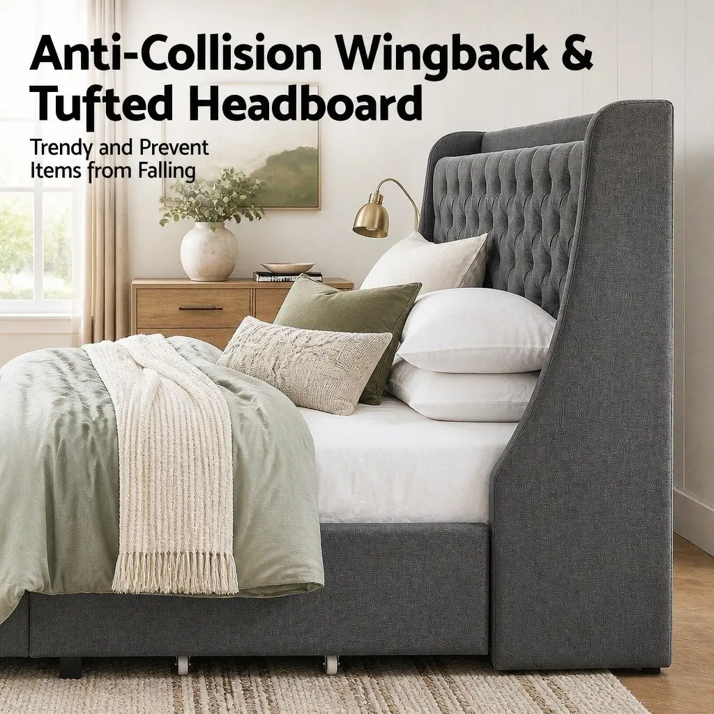 Queen Bed Frame with 4 Storage Drawers Tufted Wingback Headboard Charging