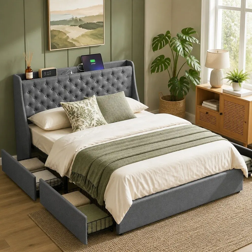 Queen Bed Frame with 4 Storage Drawers Tufted Wingback Headboard Charging