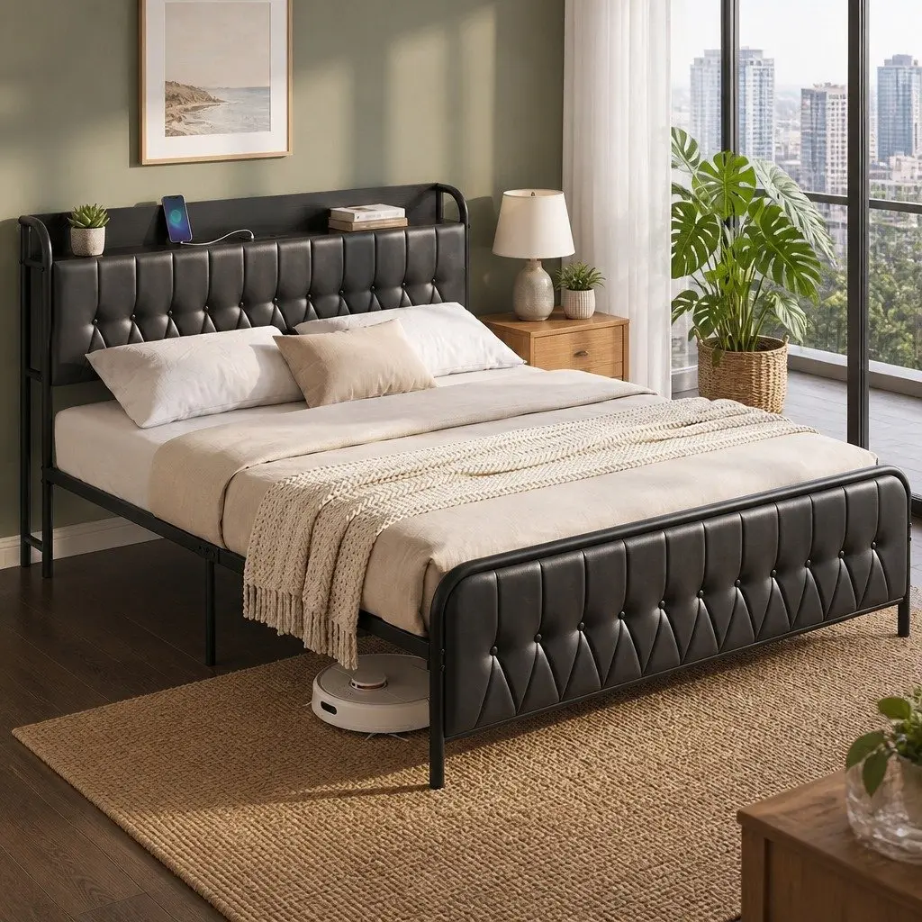 King Bed Frame with Storage and USB Ports