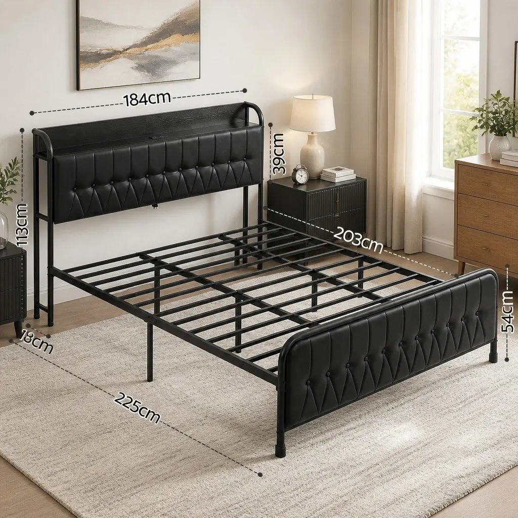 King Bed Frame Black Upholstered with Storage Headboard and Charging Station