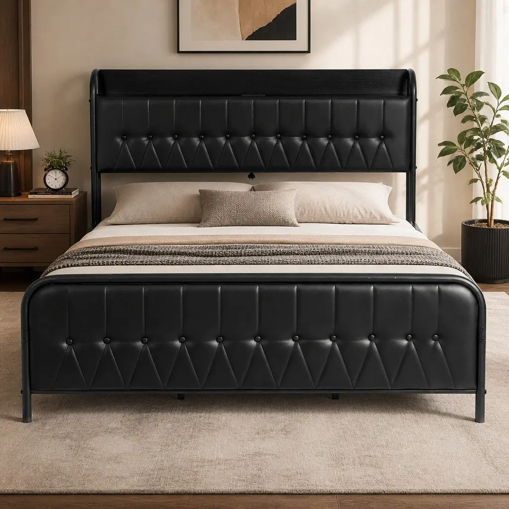 King Bed Frame Black Upholstered with Storage Headboard and Charging Station