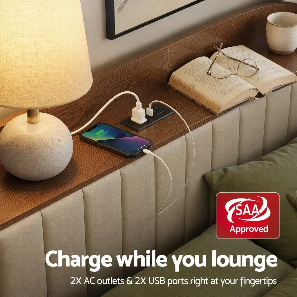 King Bed Frame Black Upholstered with Storage Headboard and Charging Station