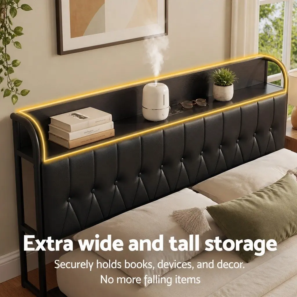 King Bed Frame Black Upholstered with Storage Headboard and Charging Station