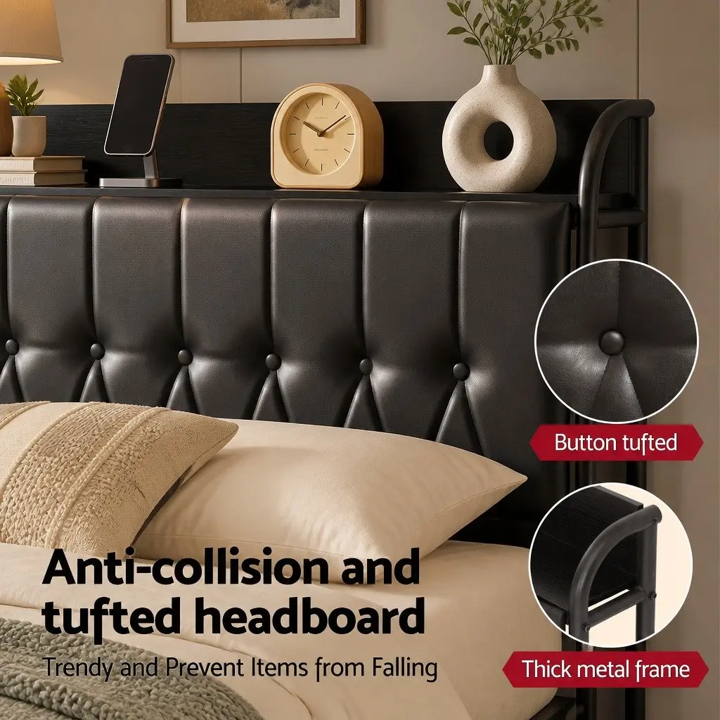 King Bed Frame Black Upholstered with Storage Headboard and Charging Station