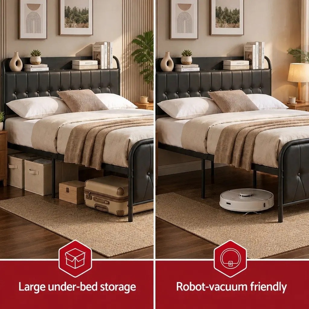 King Bed Frame Black Upholstered with Storage Headboard and Charging Station