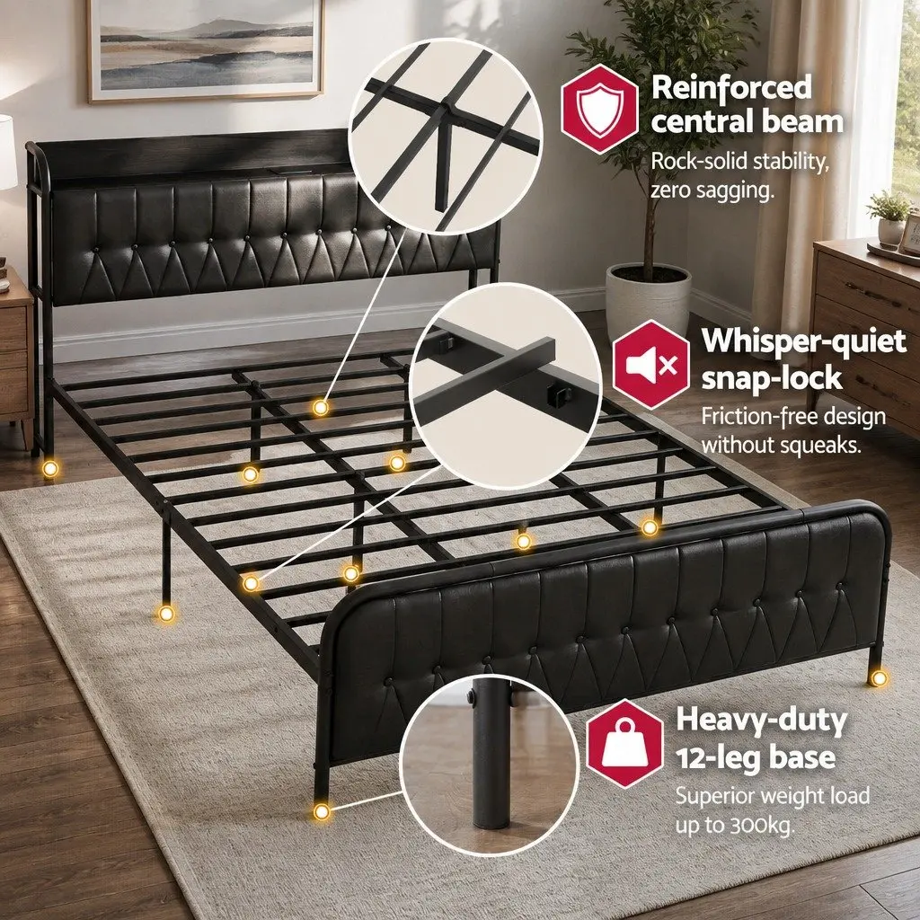 King Bed Frame Black Upholstered with Storage Headboard and Charging Station
