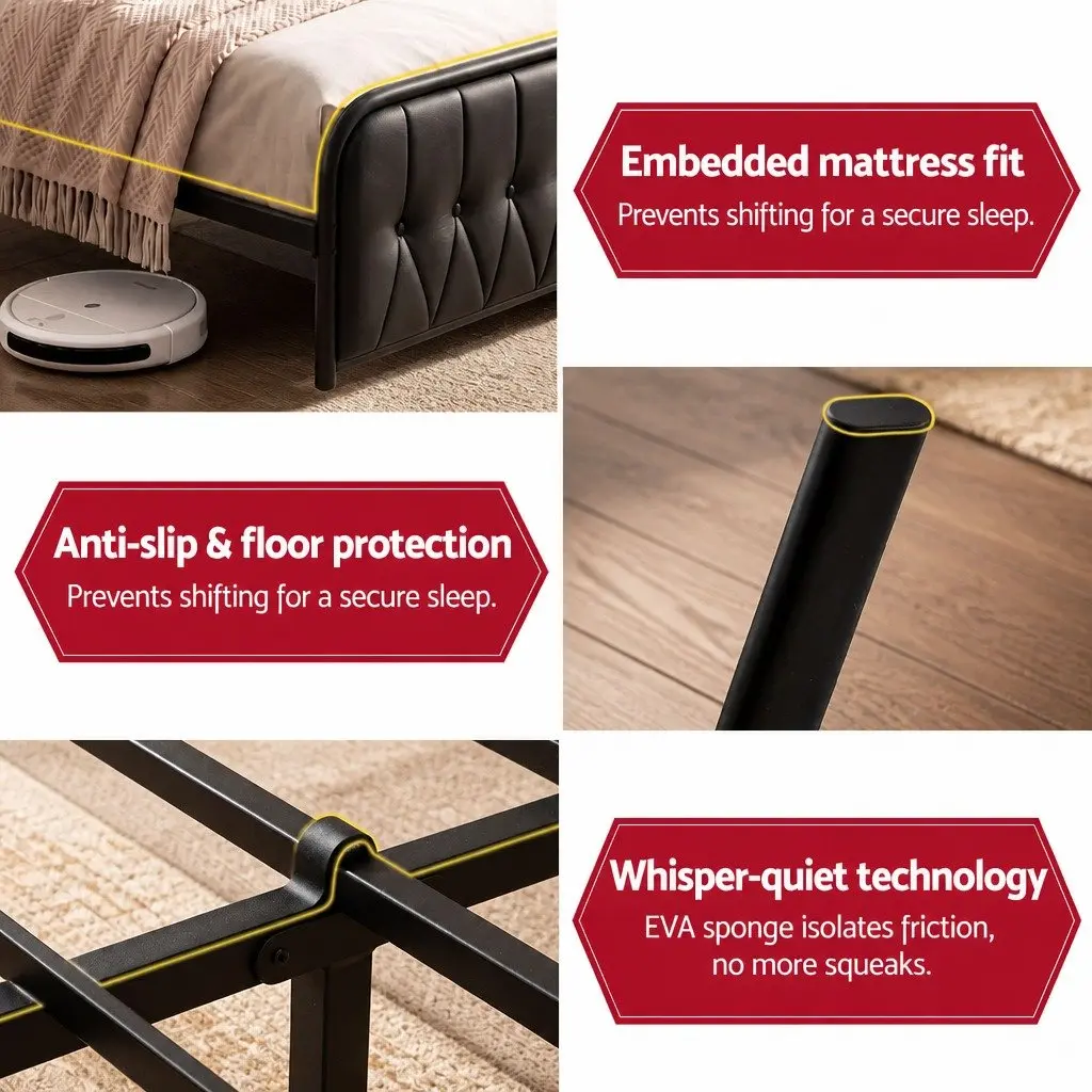 King Bed Frame Black Upholstered with Storage Headboard and Charging Station