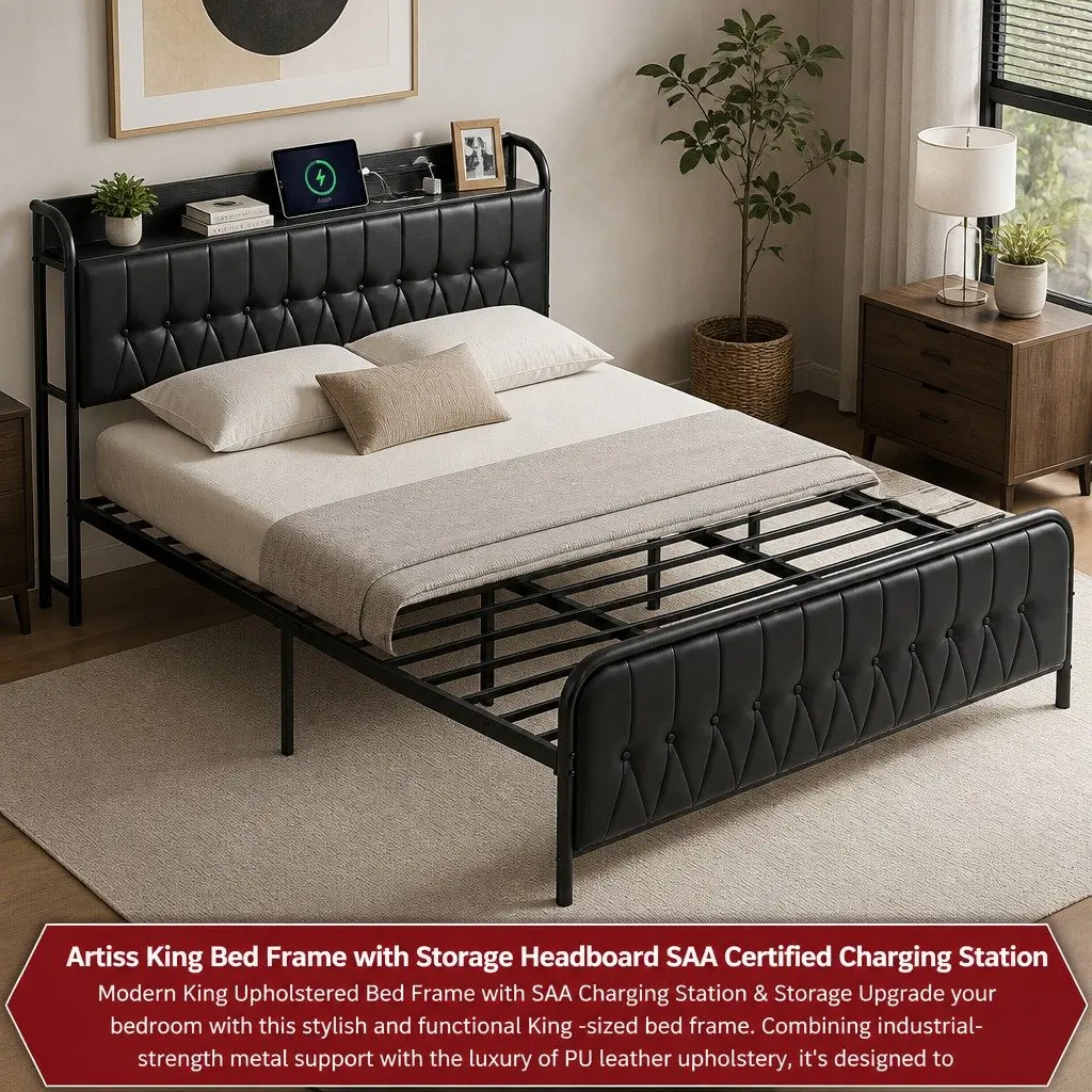 King Bed Frame Black Upholstered with Storage Headboard and Charging Station