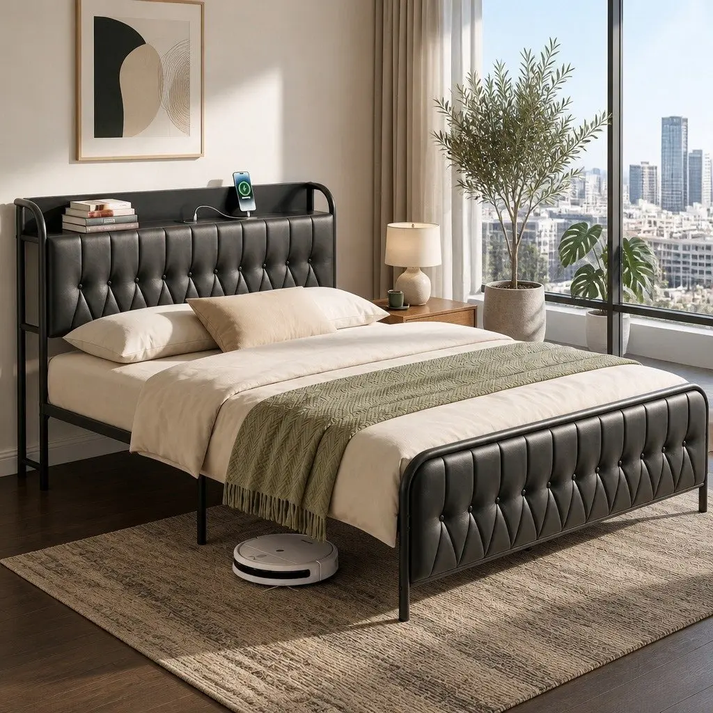 Queen Bed Frame with Charging Station for Efficiency