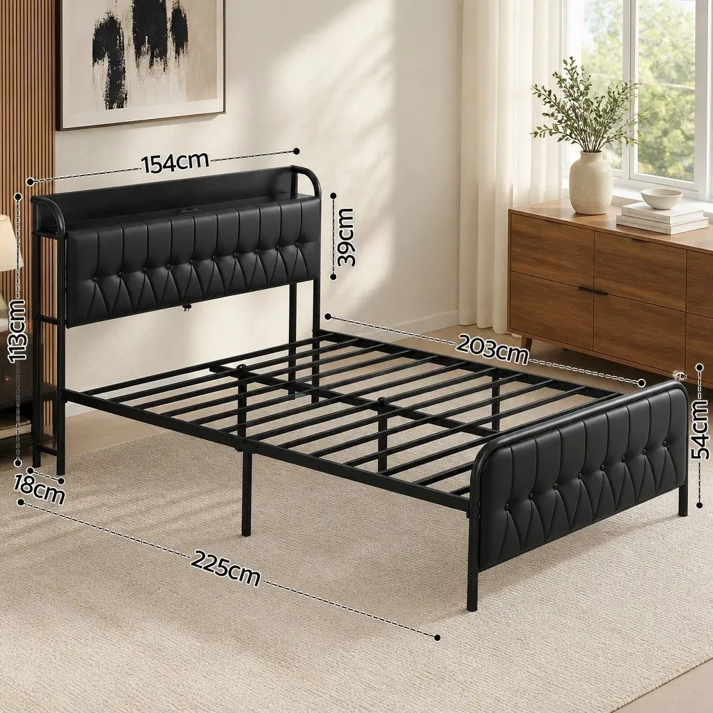 Queen Bed Frame Black Upholstered Integrated Storage Headboard with Charging Station