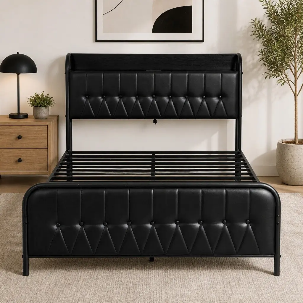 Queen Bed Frame Black Upholstered Integrated Storage Headboard with Charging Station