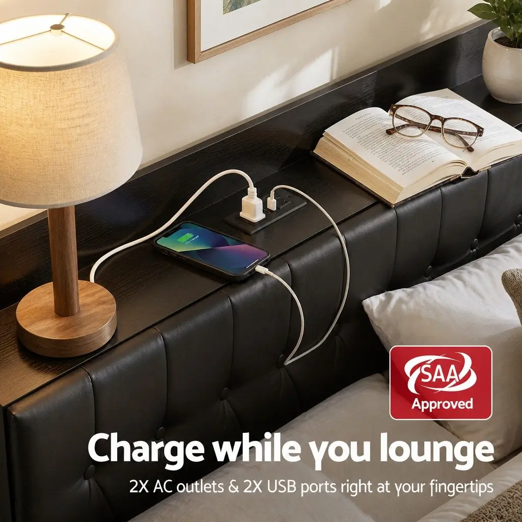 Queen Bed Frame Black Upholstered Integrated Storage Headboard with Charging Station