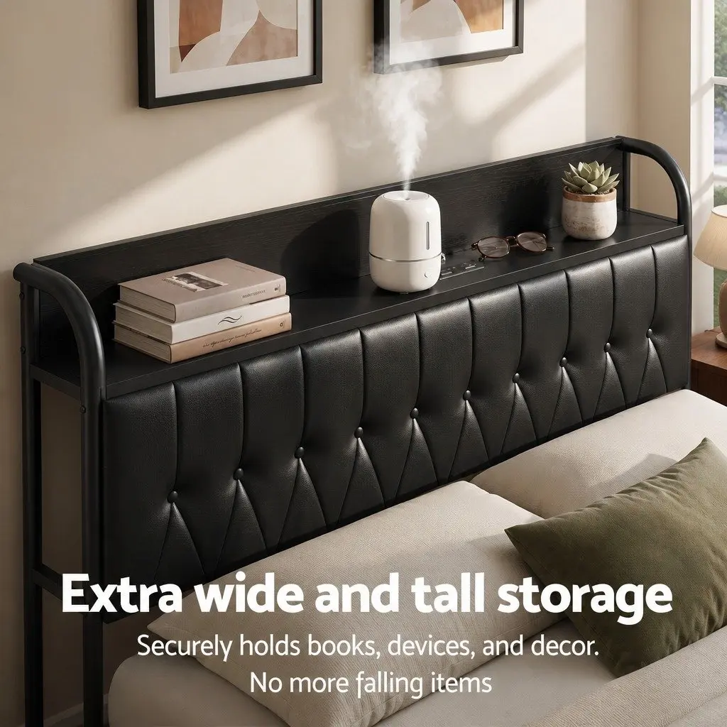 Queen Bed Frame Black Upholstered Integrated Storage Headboard with Charging Station