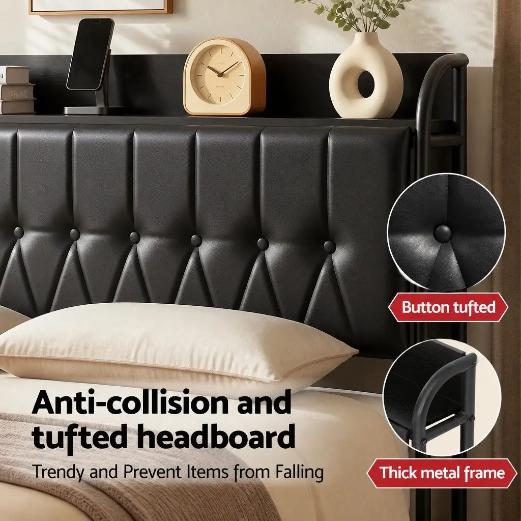 Queen Bed Frame Black Upholstered Integrated Storage Headboard with Charging Station