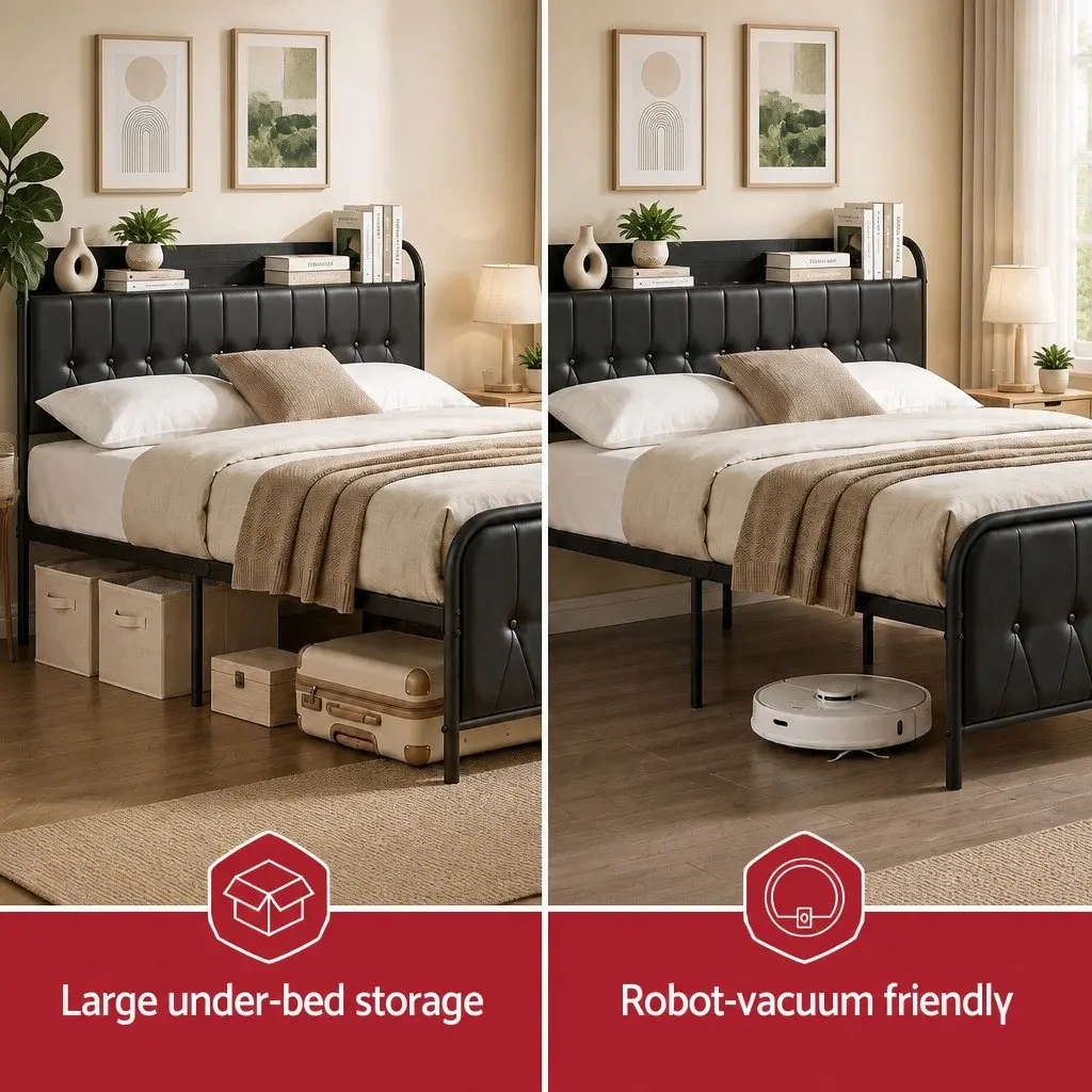 Queen Bed Frame Black Upholstered Integrated Storage Headboard with Charging Station