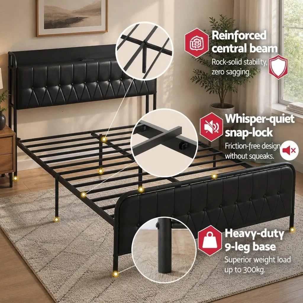 Queen Bed Frame Black Upholstered Integrated Storage Headboard with Charging Station