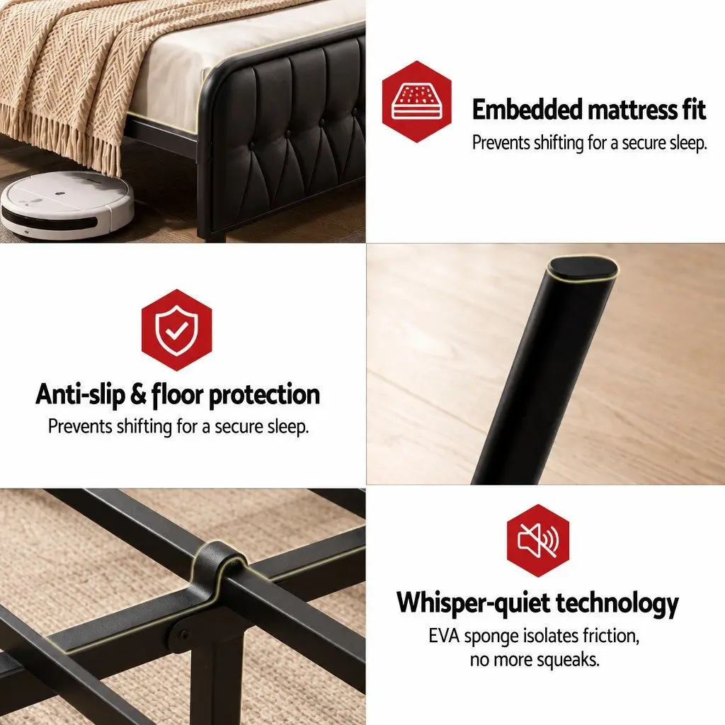 Queen Bed Frame Black Upholstered Integrated Storage Headboard with Charging Station