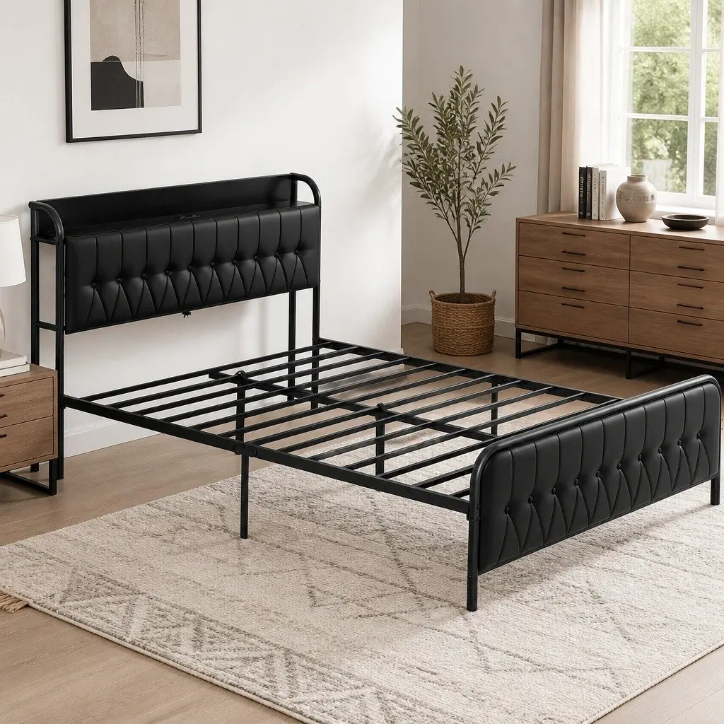 Queen Bed Frame Black Upholstered Integrated Storage Headboard with Charging Station