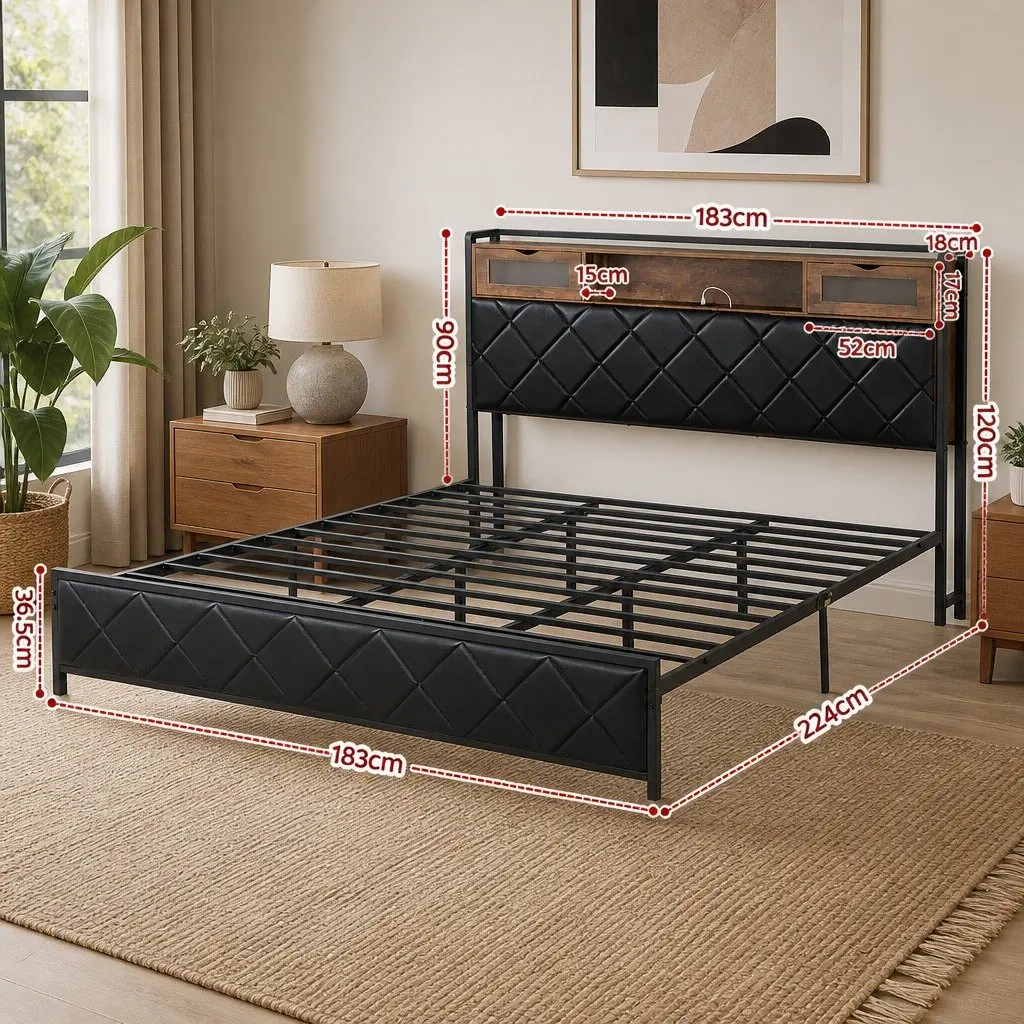 King Bed Frame Black King Size LED Lights Storage Headboard Charging Station