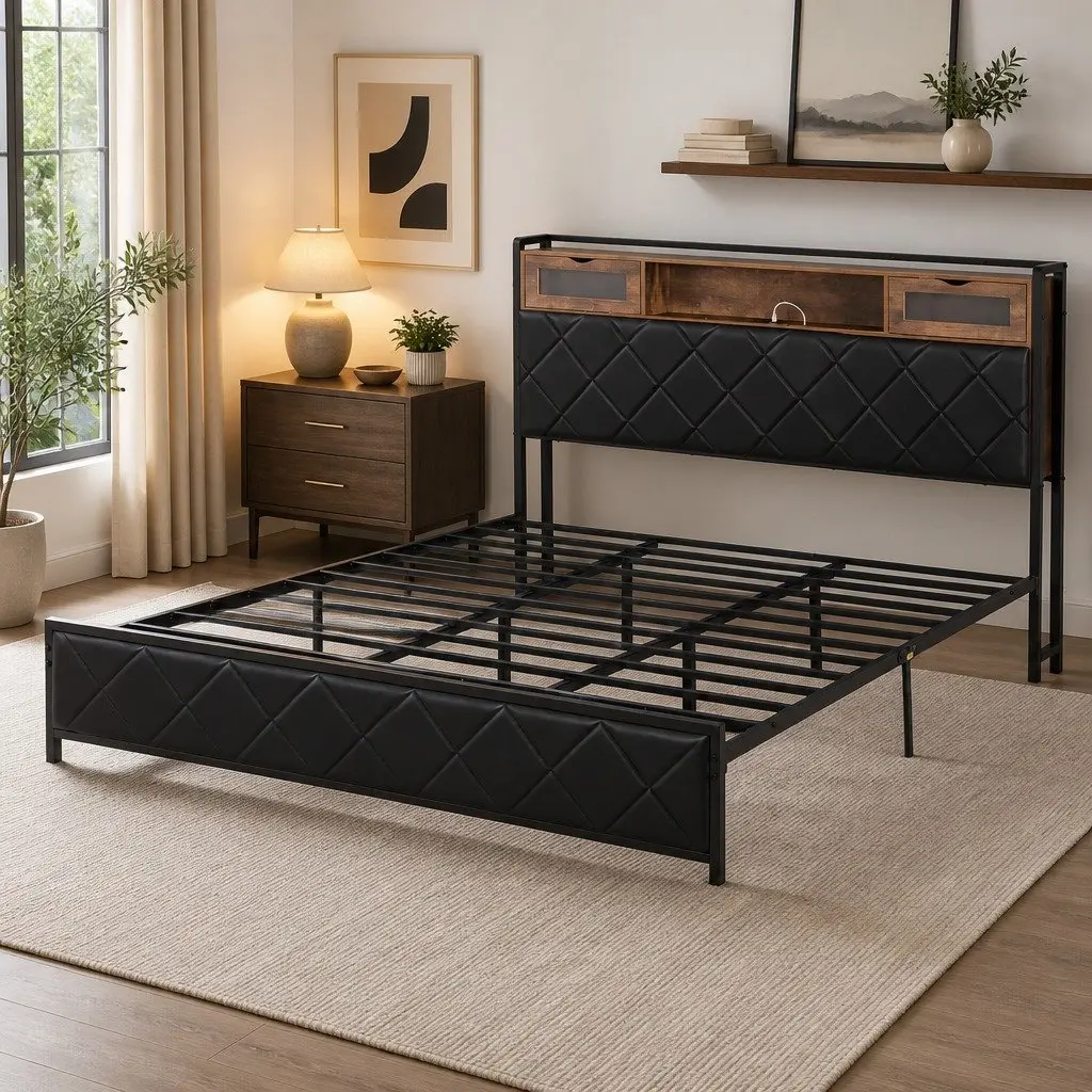 King Bed Frame Black King Size LED Lights Storage Headboard Charging Station