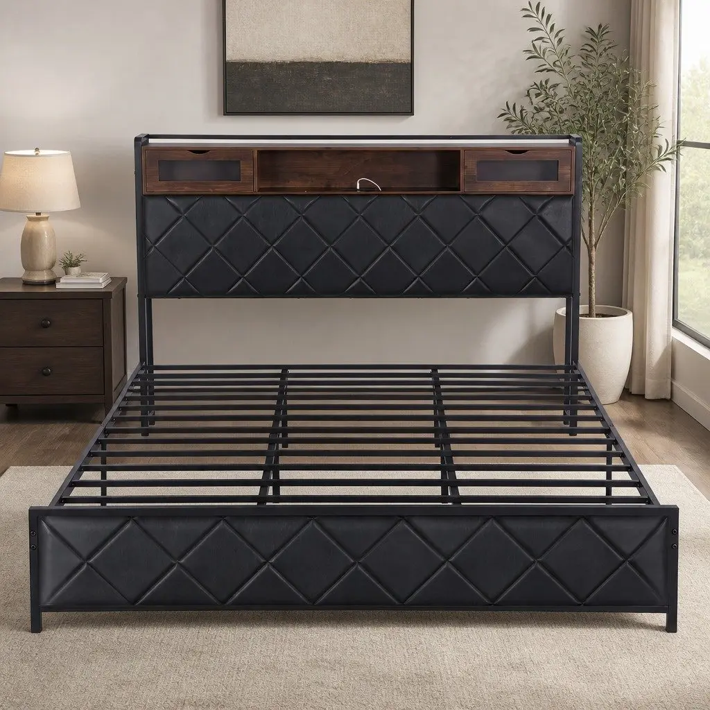 King Bed Frame Black King Size LED Lights Storage Headboard Charging Station
