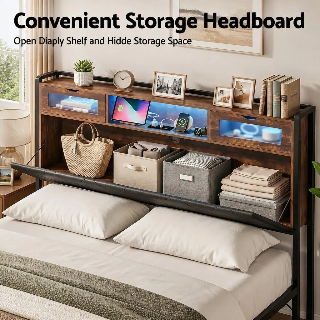King Bed Frame Black King Size LED Lights Storage Headboard Charging Station