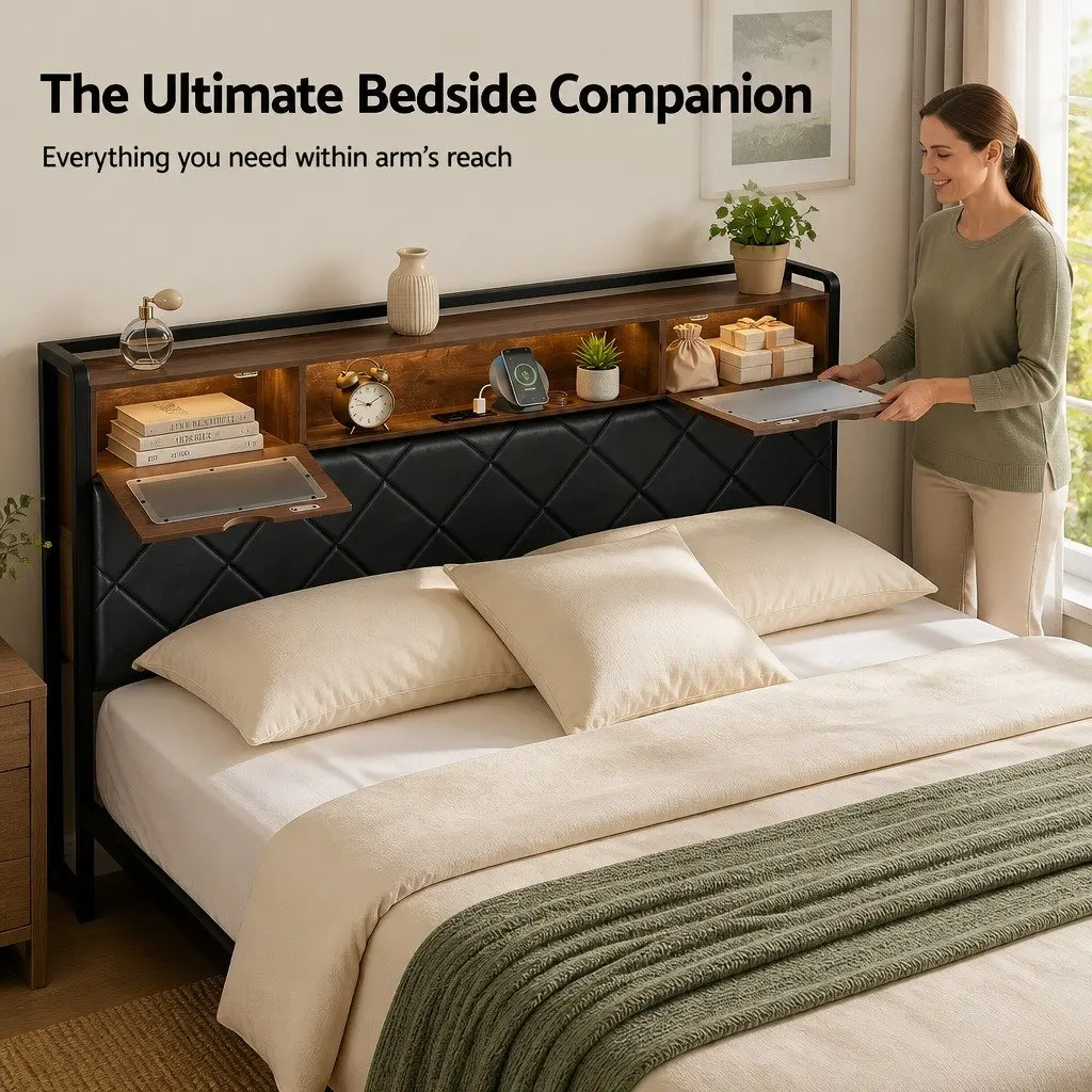 King Bed Frame Black King Size LED Lights Storage Headboard Charging Station