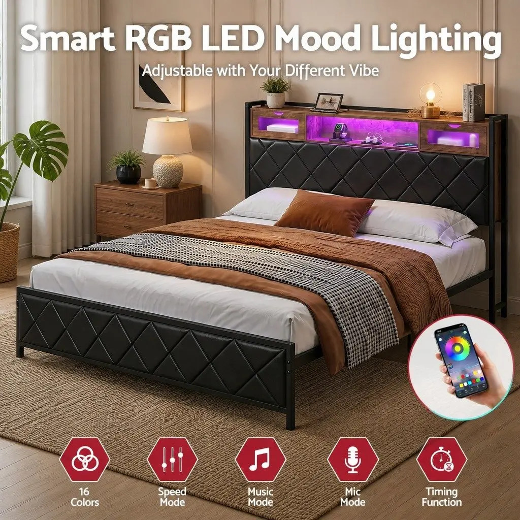 King Bed Frame Black King Size LED Lights Storage Headboard Charging Station