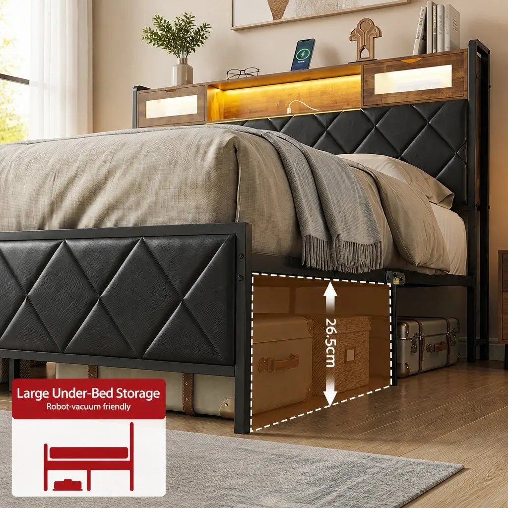 King Bed Frame Black King Size LED Lights Storage Headboard Charging Station