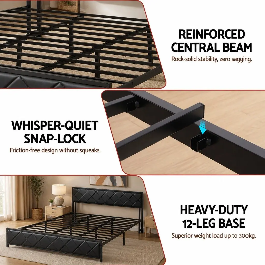 King Bed Frame Black King Size LED Lights Storage Headboard Charging Station