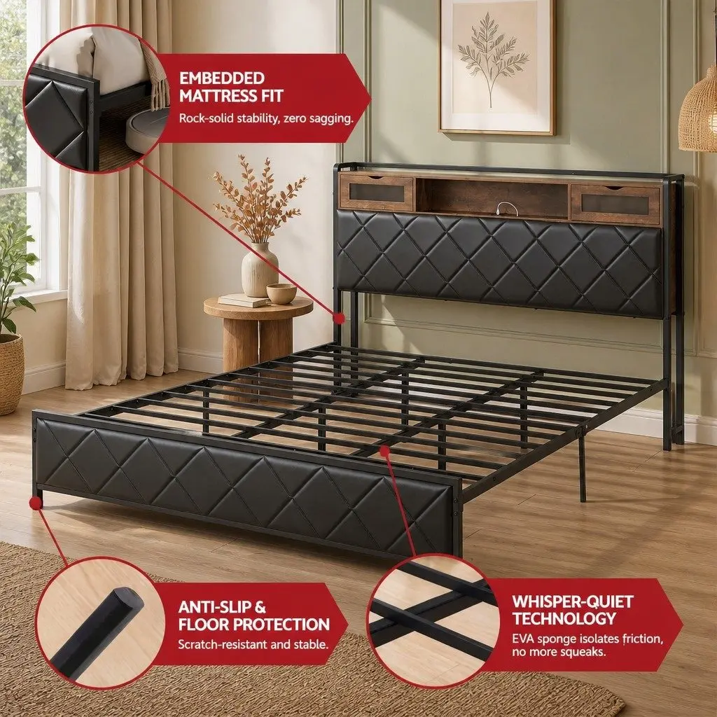 King Bed Frame Black King Size LED Lights Storage Headboard Charging Station