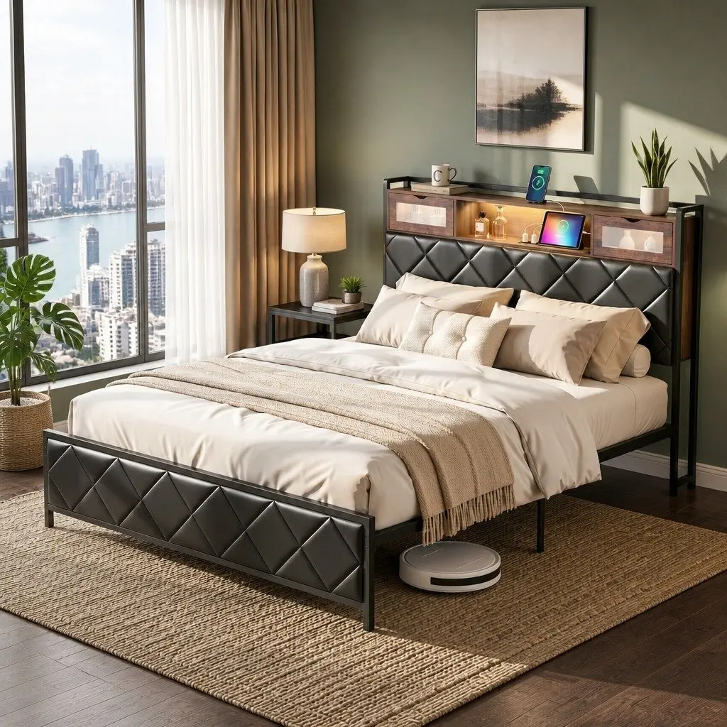 Queen Bed Frame with LED Lights and Headboard