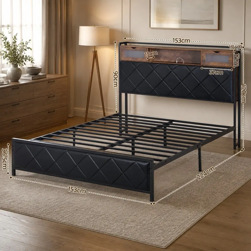 Queen Bed Frame Black with LED Lights Storage Headboard USB Charging Station