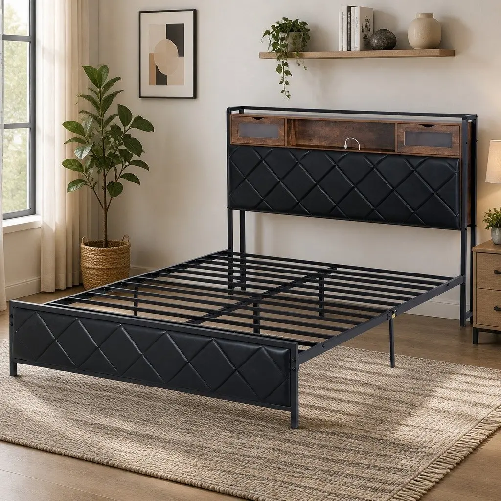 Queen Bed Frame Black with LED Lights Storage Headboard USB Charging Station