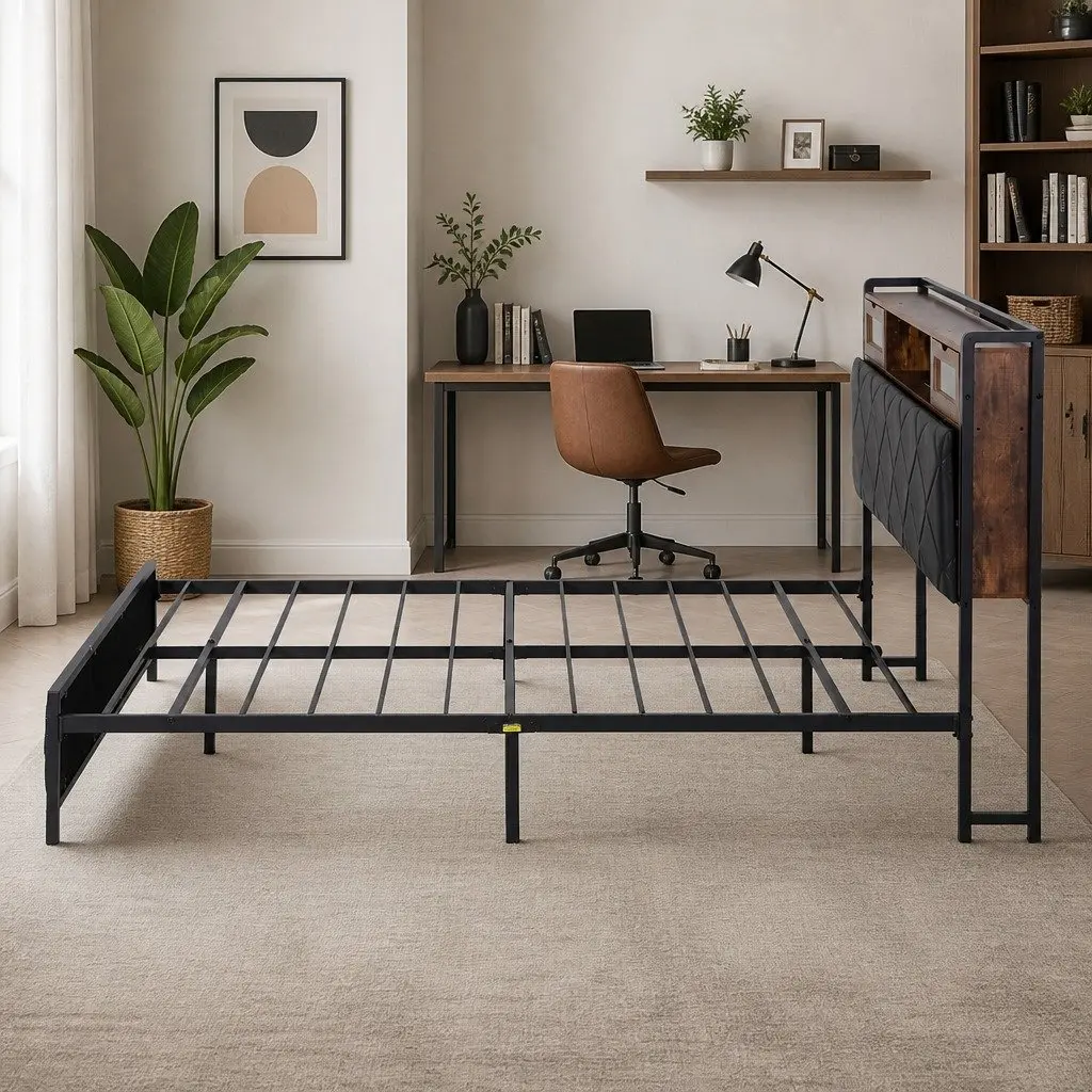 Queen Bed Frame Black with LED Lights Storage Headboard USB Charging Station