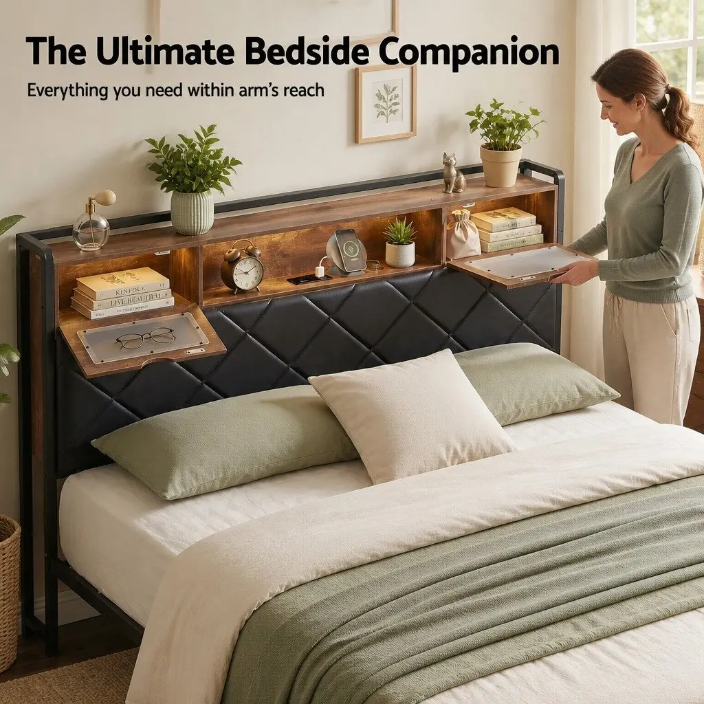 Queen Bed Frame Black with LED Lights Storage Headboard USB Charging Station