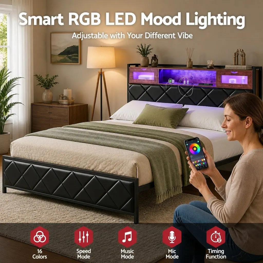 Queen Bed Frame Black with LED Lights Storage Headboard USB Charging Station