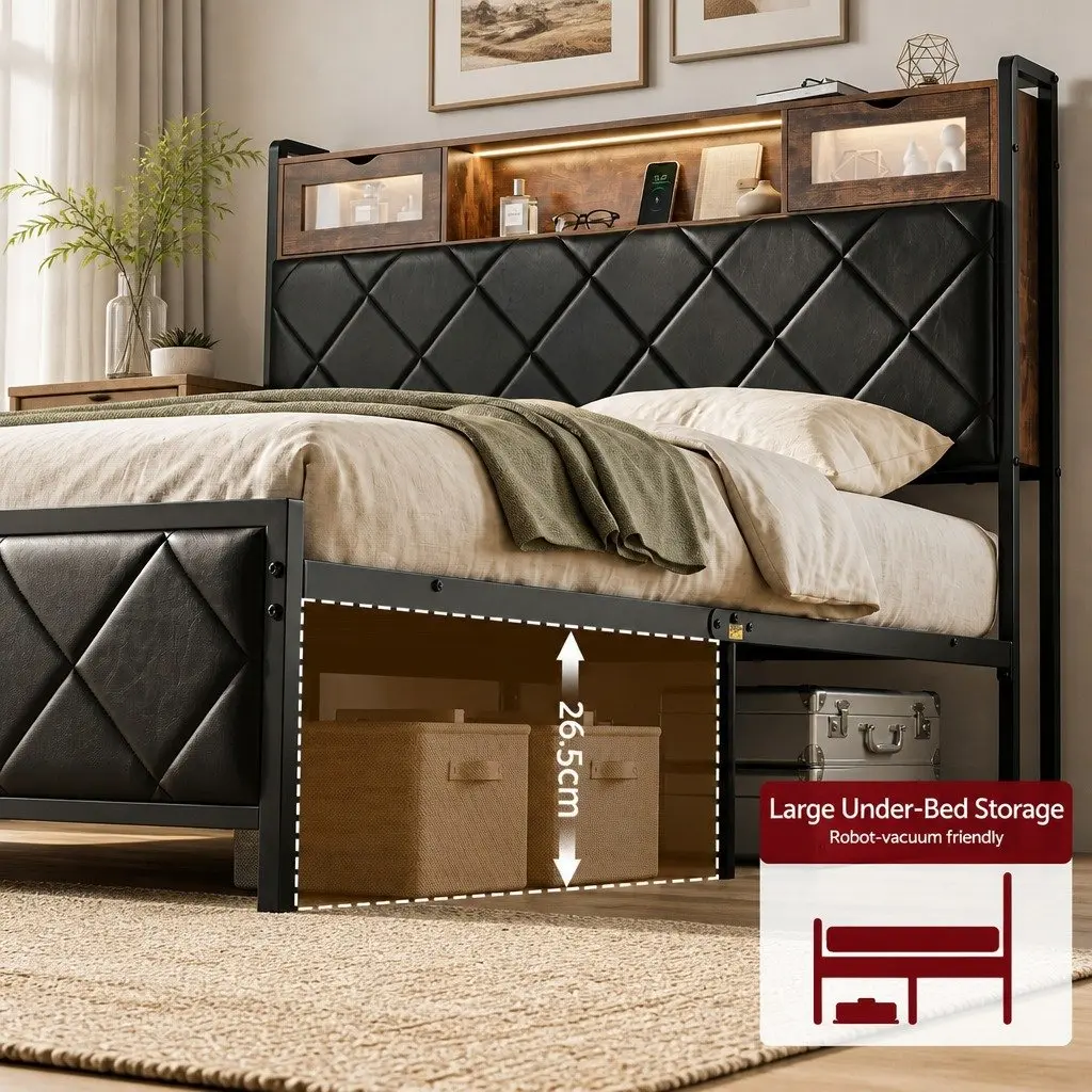 Queen Bed Frame Black with LED Lights Storage Headboard USB Charging Station