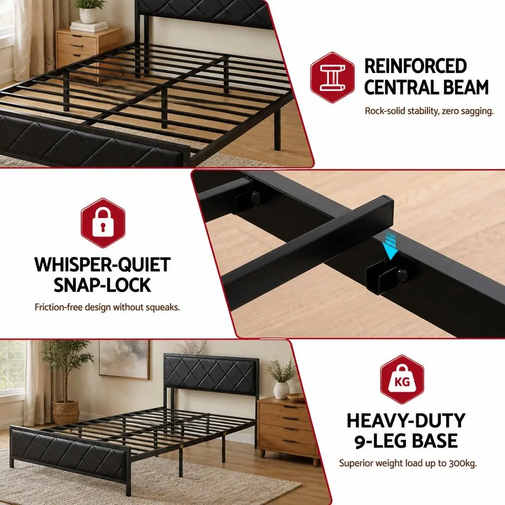 Queen Bed Frame Black with LED Lights Storage Headboard USB Charging Station