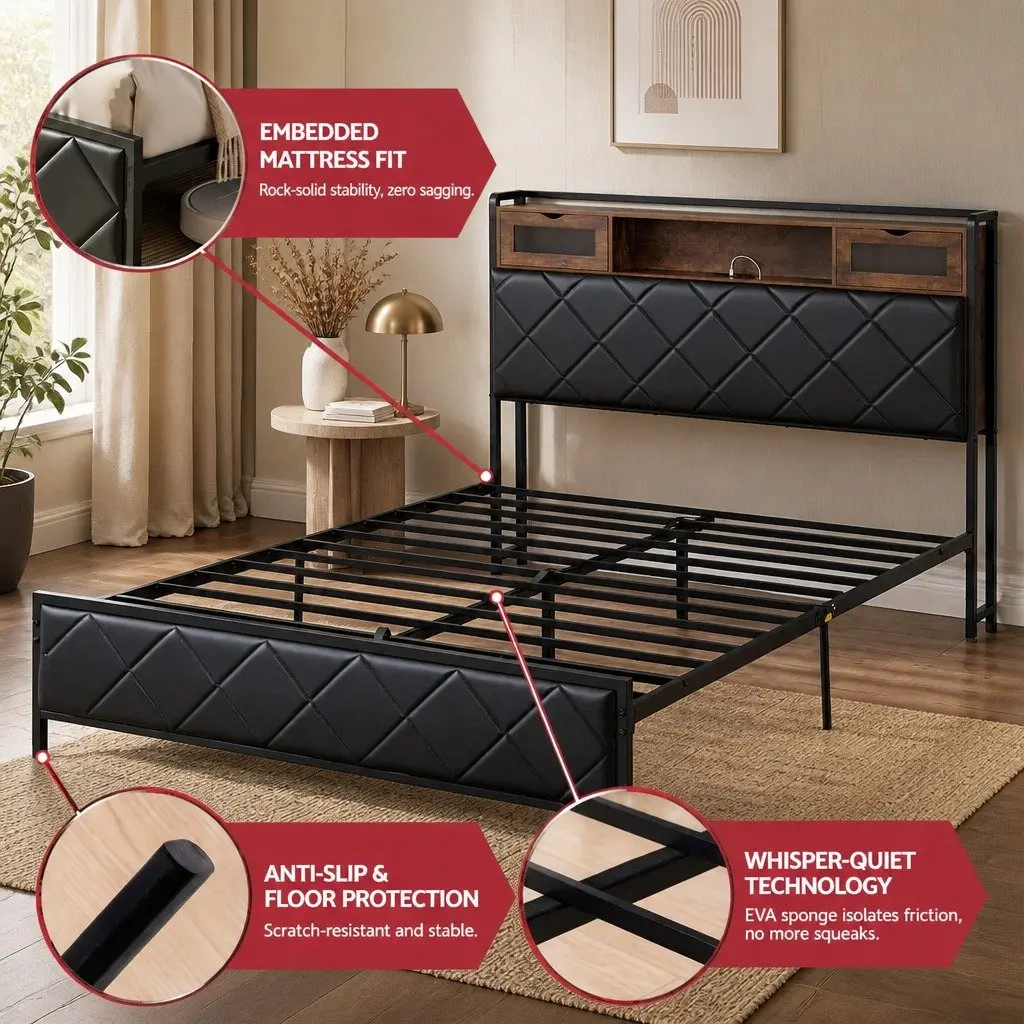 Queen Bed Frame Black with LED Lights Storage Headboard USB Charging Station