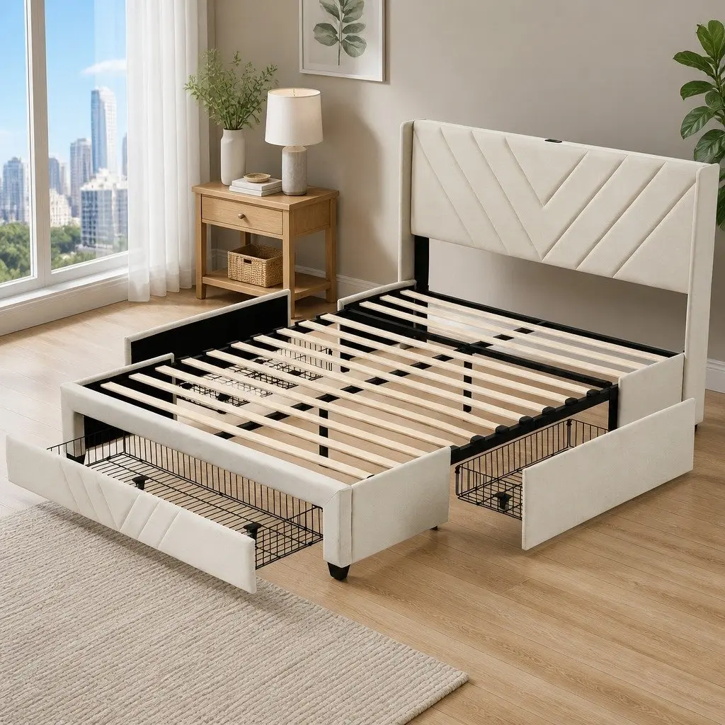 Double Bed Frame Beige Upholstered with Charging Station and Storage Drawers