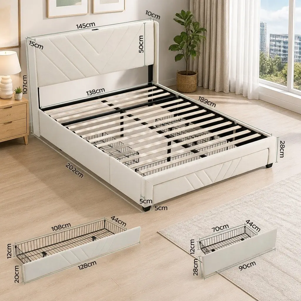 Double Bed Frame Beige Upholstered with Charging Station and Storage Drawers
