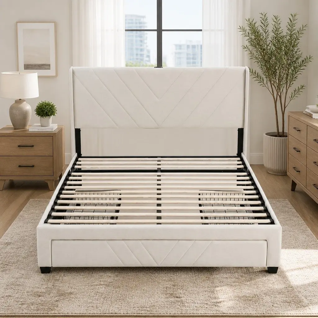 Double Bed Frame Beige Upholstered with Charging Station and Storage Drawers