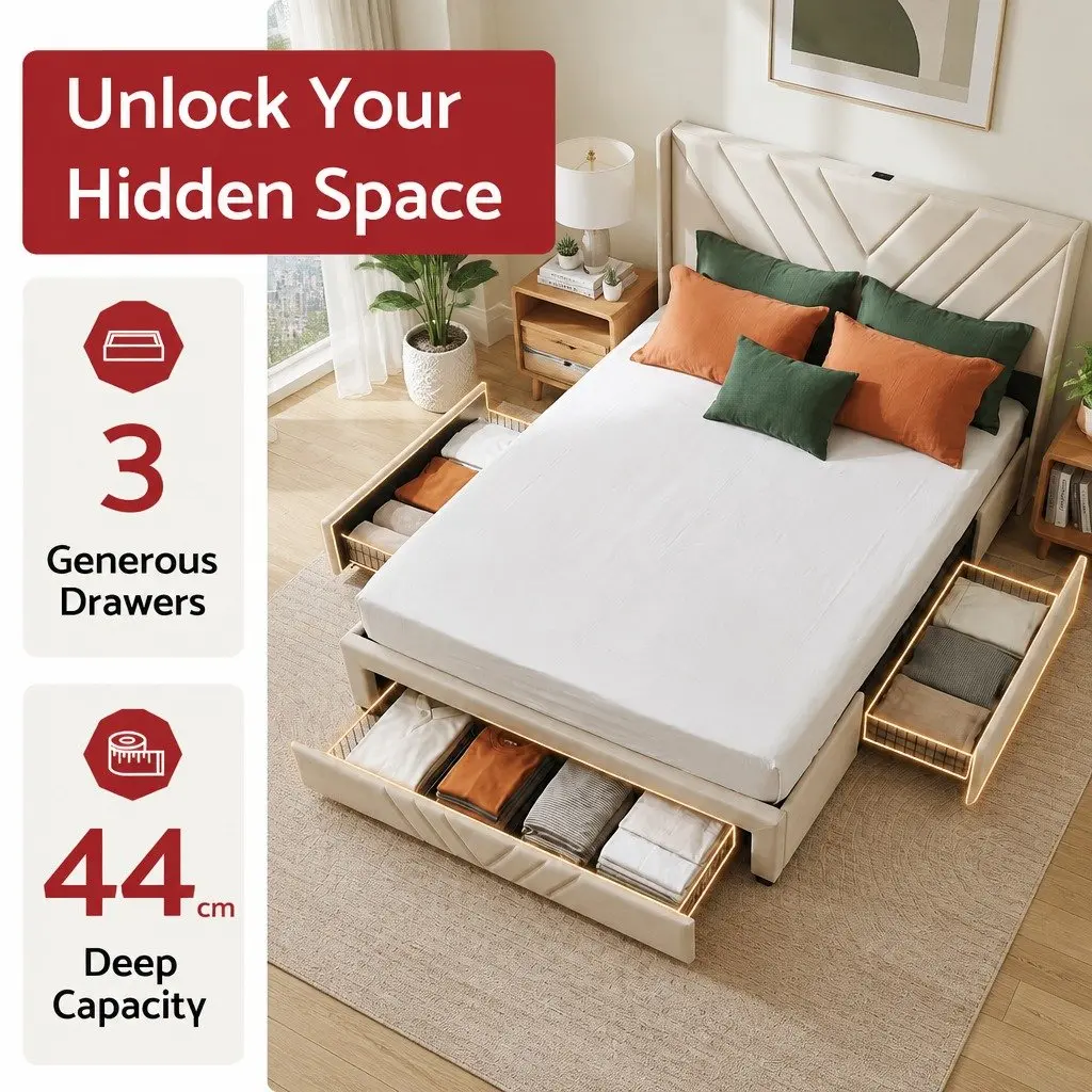 Double Bed Frame Beige Upholstered with Charging Station and Storage Drawers