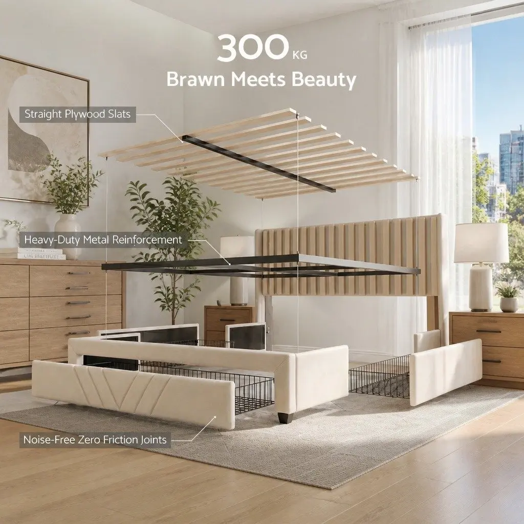 Double Bed Frame Beige Upholstered with Charging Station and Storage Drawers