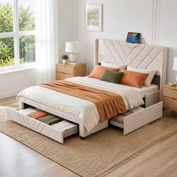 King Bed Frame with Charging Station and Storage Drawers Beige 300KG Capacity