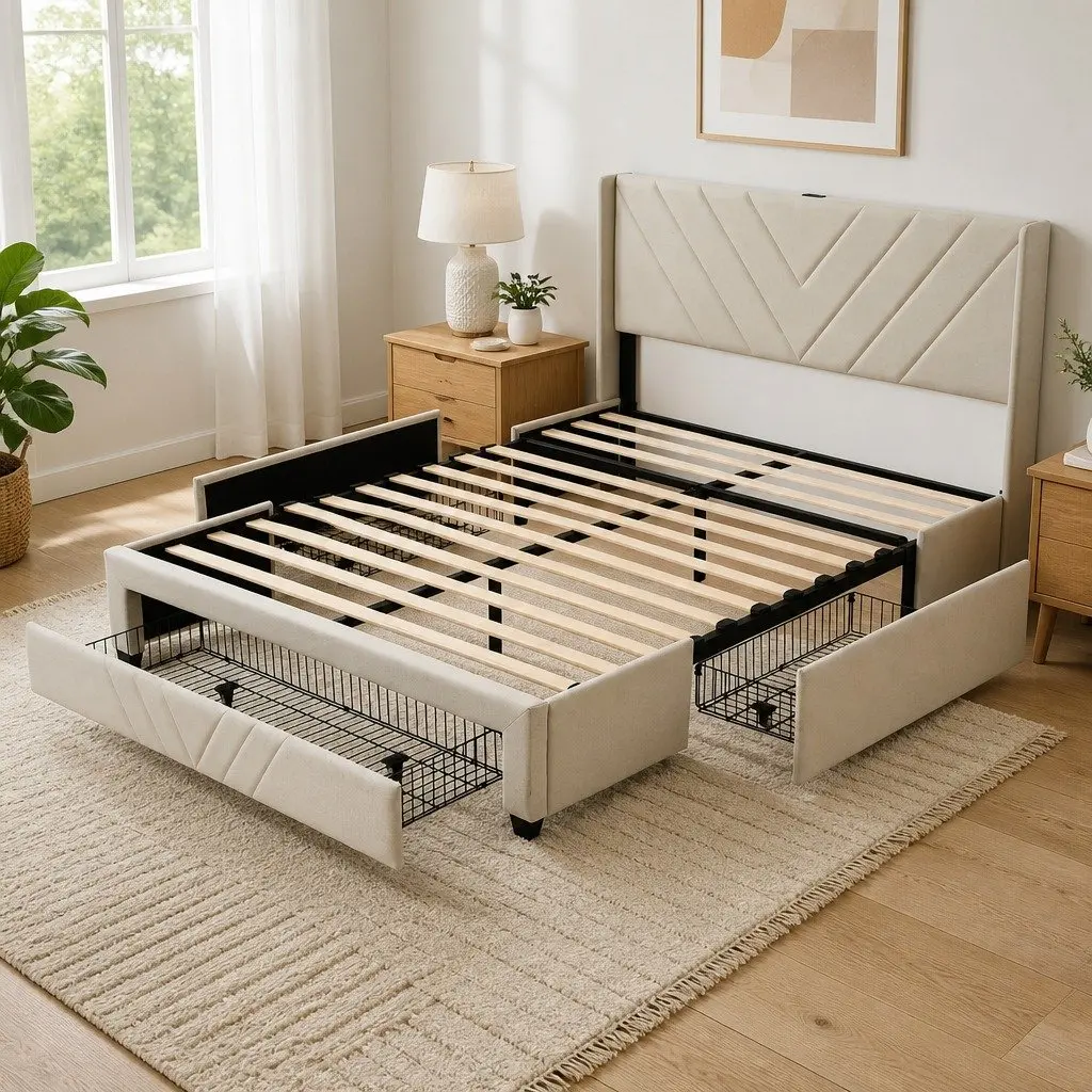 King Bed Frame Beige King Size Upholstered Headboard with Charging Station and Storage Drawers