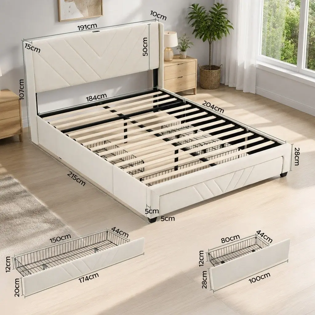 King Bed Frame Beige King Size Upholstered Headboard with Charging Station and Storage Drawers