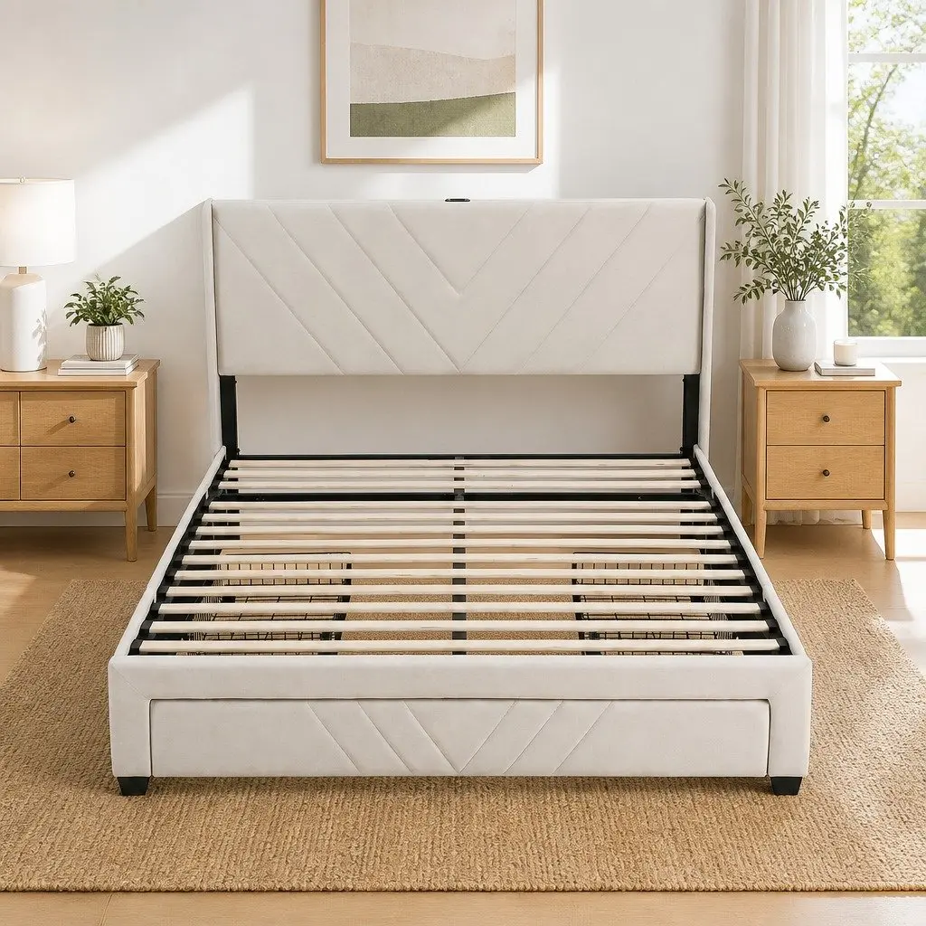 King Bed Frame Beige King Size Upholstered Headboard with Charging Station and Storage Drawers